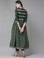 Women's Jade Green Rayon Slub Printed Jacket Style Kurta With Pants
