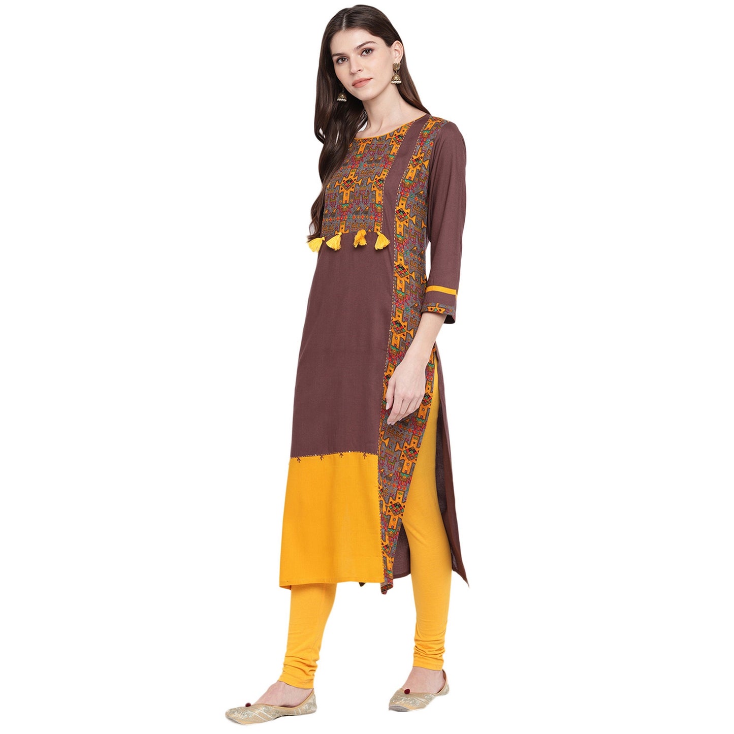 Women's Brown & Yellow Rayon Kurta By Vbu