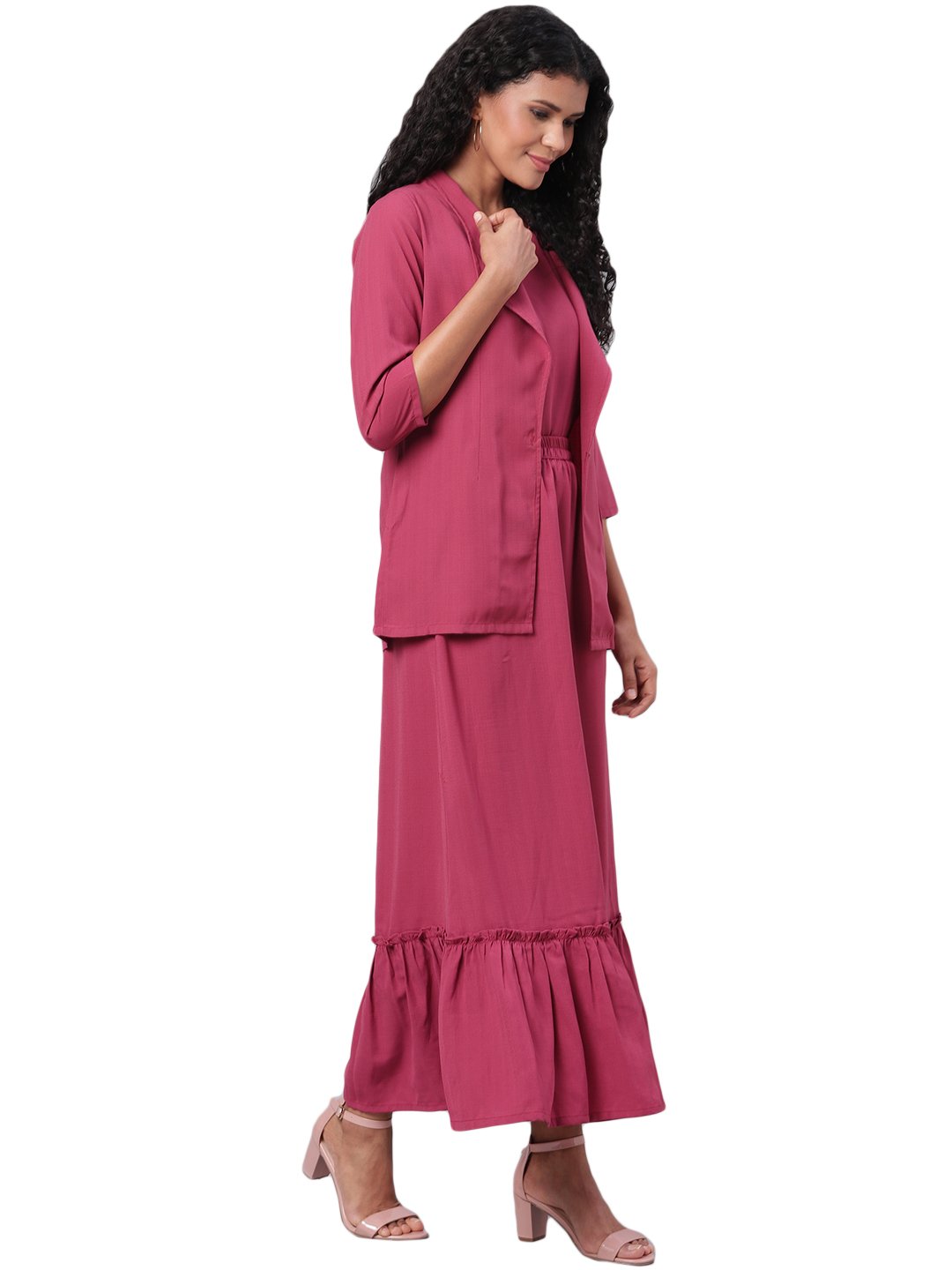 Women's Maroon Solid 3/4 Sleeve Polyester V Neck Casual Jacket & Skirt Set
