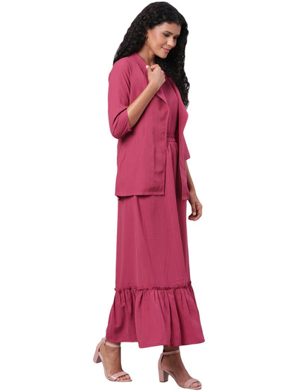 Women's Maroon Solid 3/4 Sleeve Polyester V Neck Casual Jacket & Skirt Set