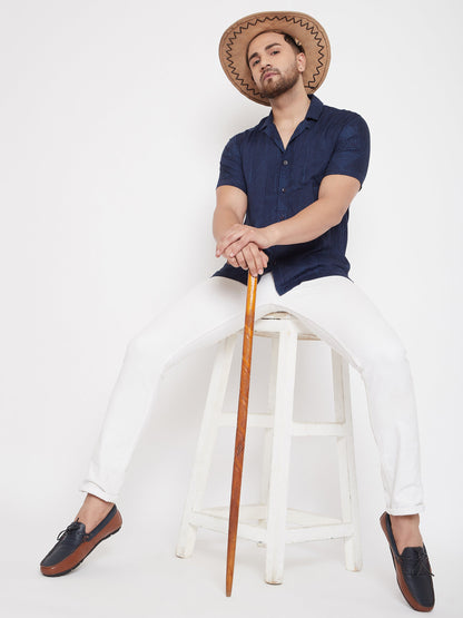 Men's Striped Navy Blue Cuban Collar Shirt