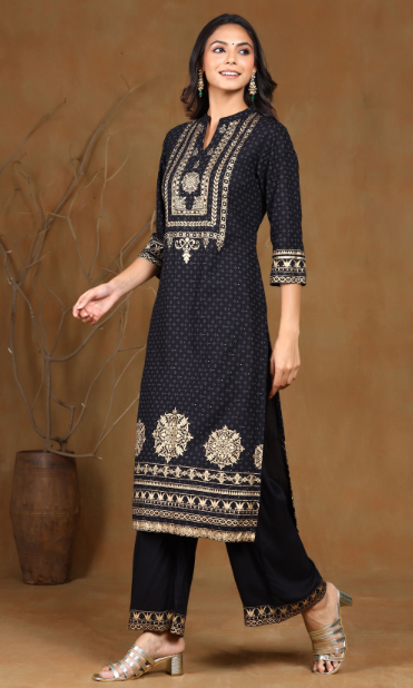 Women's Black Rayon Printed Straight Kurta Sets