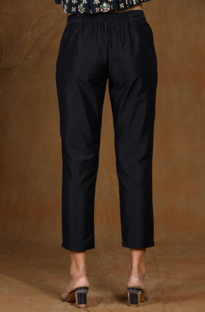 Women's Black Poly Silk Solid Straight Pants