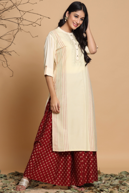Women's Ivory Rayon Printed Straight Kurta With Mask