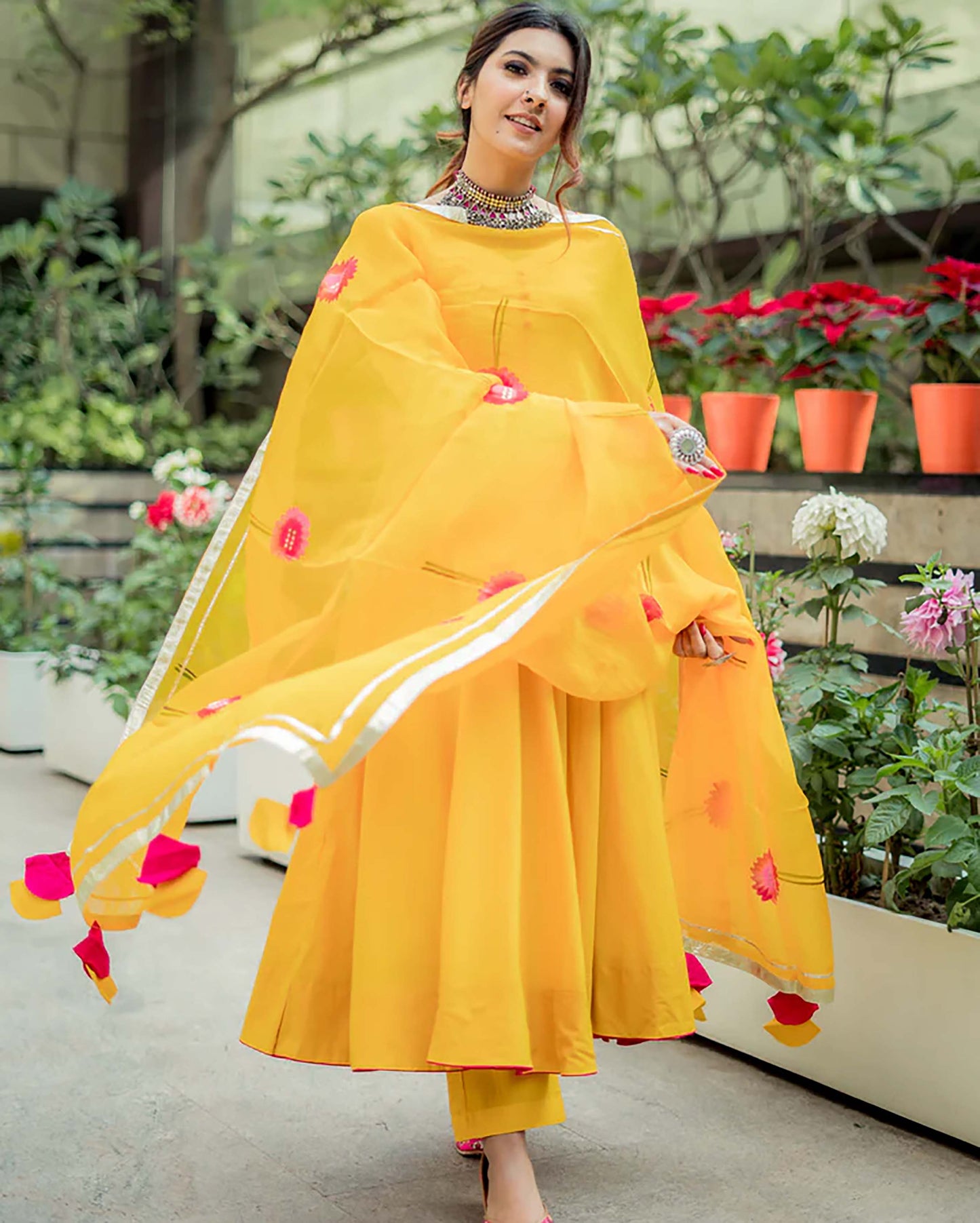 Women's Yellow Organza Handpainted Suit Set