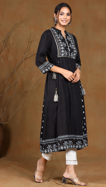 Women's Black Rayon Printed A-Line Kurta