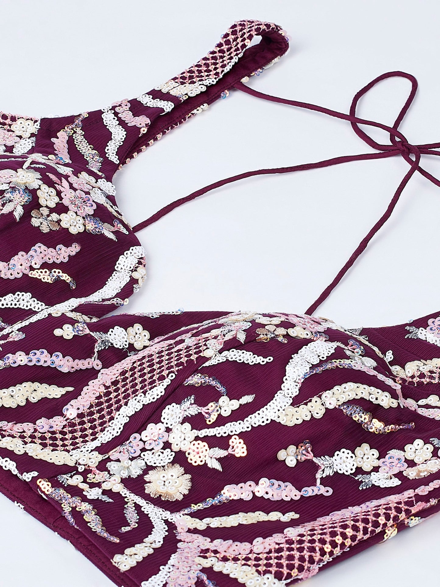 Women's Burgundy Net Sequins And Thread Embroidery Lehenga Choli & Dupatta