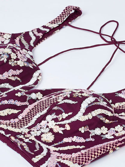 Women's Burgundy Net Sequins And Thread Embroidery Lehenga Choli & Dupatta