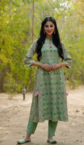 Women's Pistagreen Cambric Mexican Print Pleated Yoke Kurta Kurta With Mask
