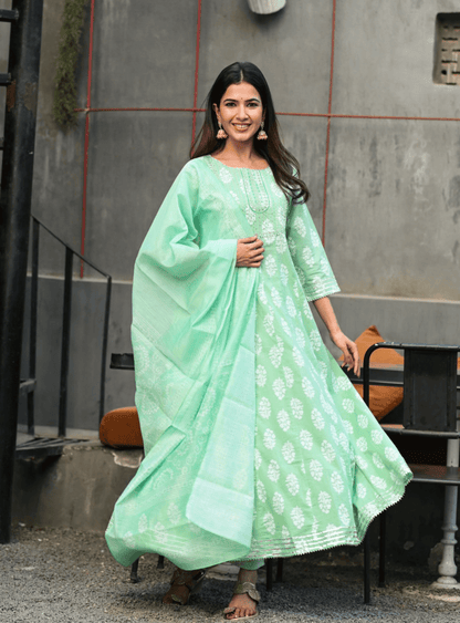 Women's Green Handblock Dupatta Set