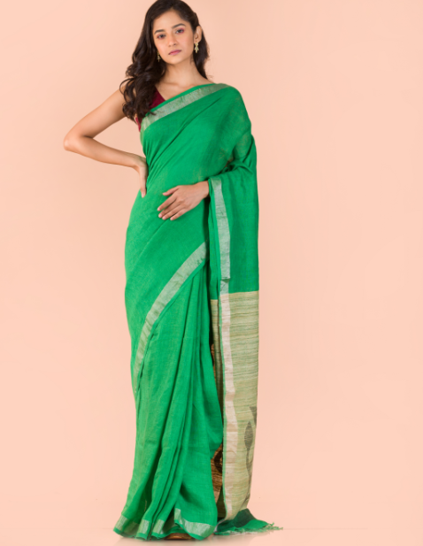 Women's Green Linen jamdani saree