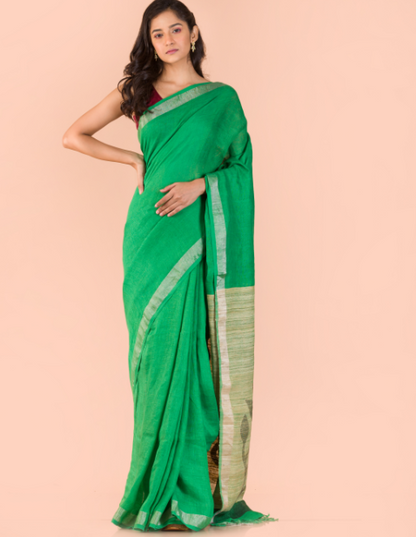Women's Green Linen jamdani saree