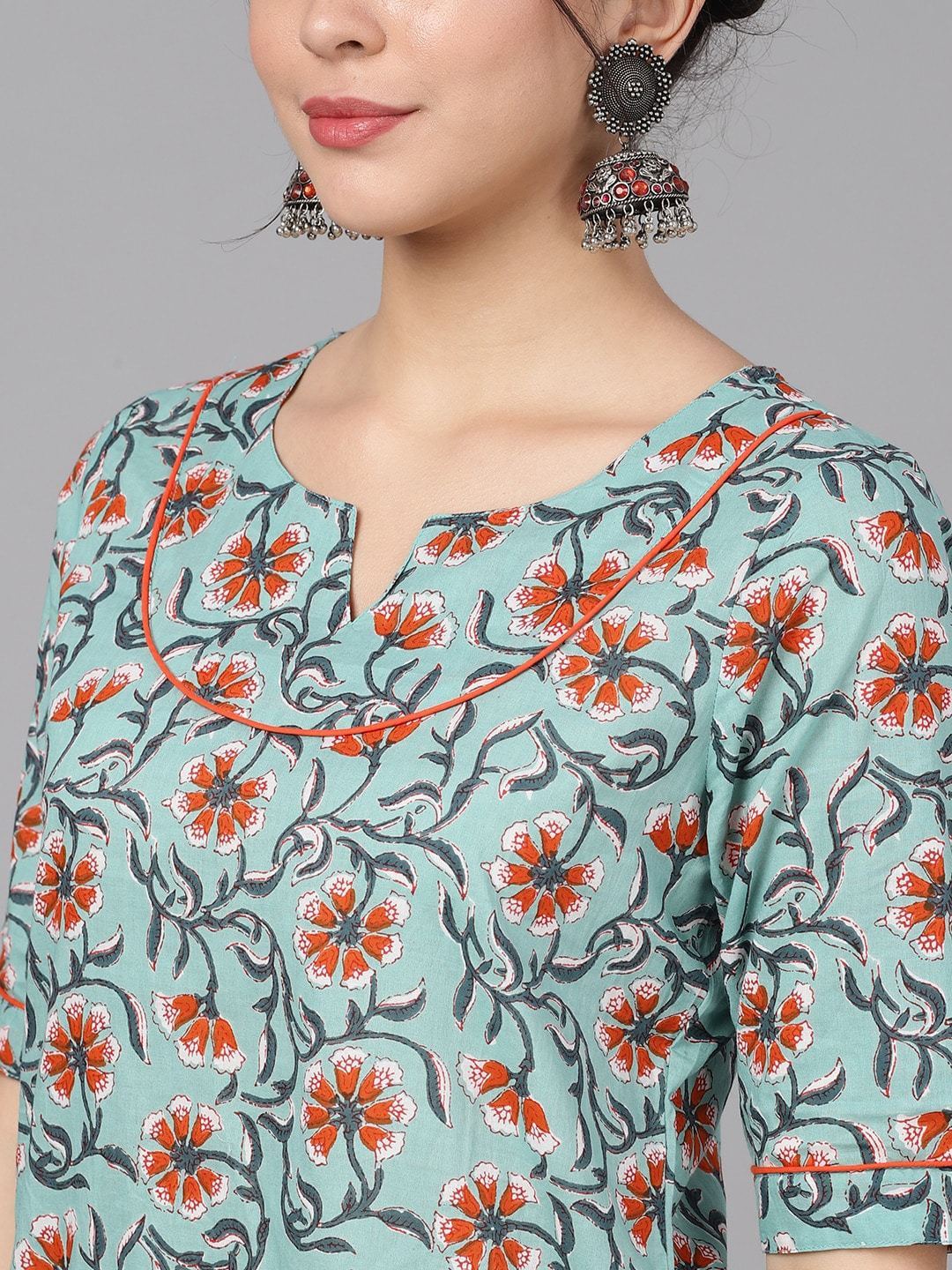 Women's  Teal Blue & Brown Printed Kurta with Sharara & Dupatta
