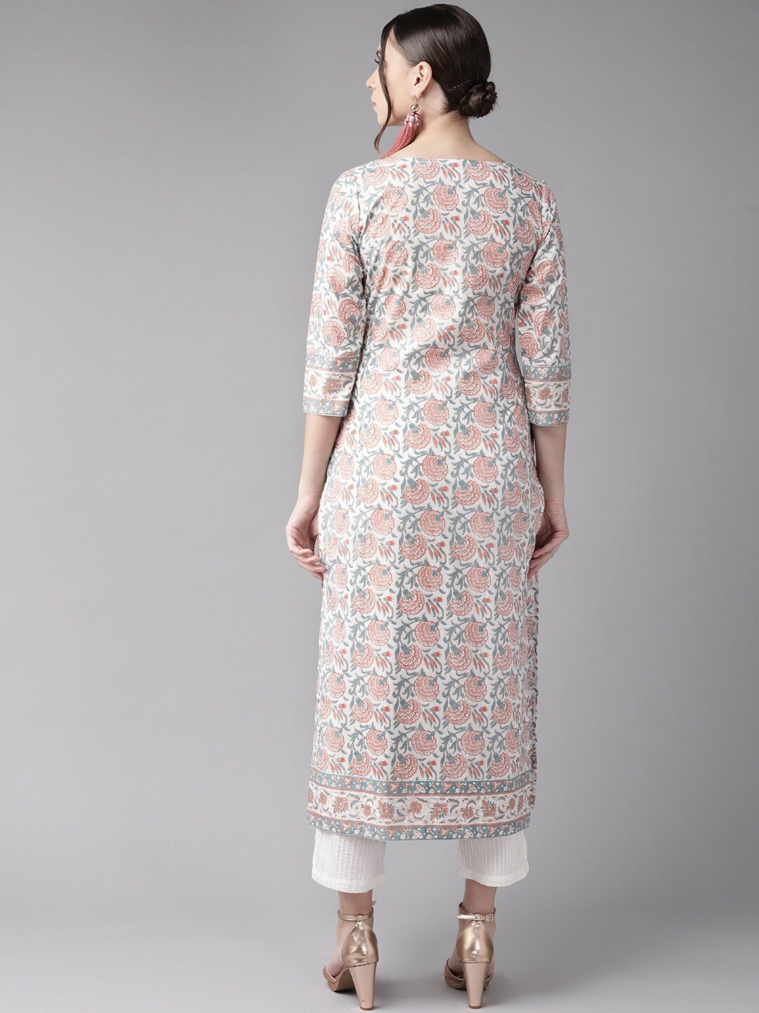 Women's  Floral Printed Straight Kurta in White & Rust Red