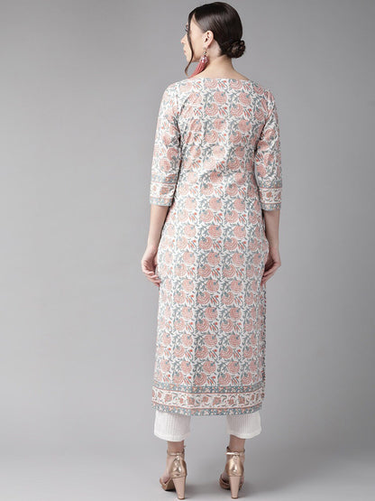 Women's  Floral Printed Straight Kurta in White & Rust Red