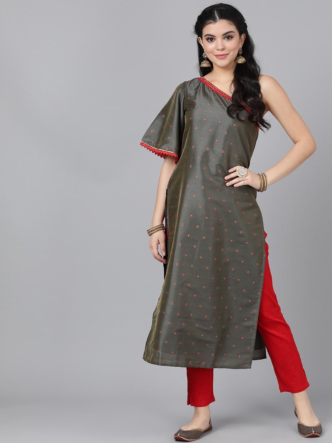 Women's  Olive Brown & Red Woven Design One Shoulder Straight Kurta