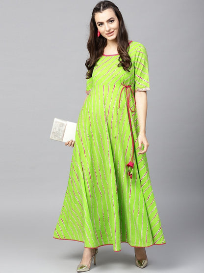 Women's  Green & Magenta Leheriya Print Anarkali Kurta