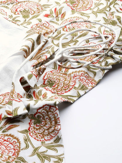 Women's  White & Olive Green Floral Print Angrakha Anarkali Kurta