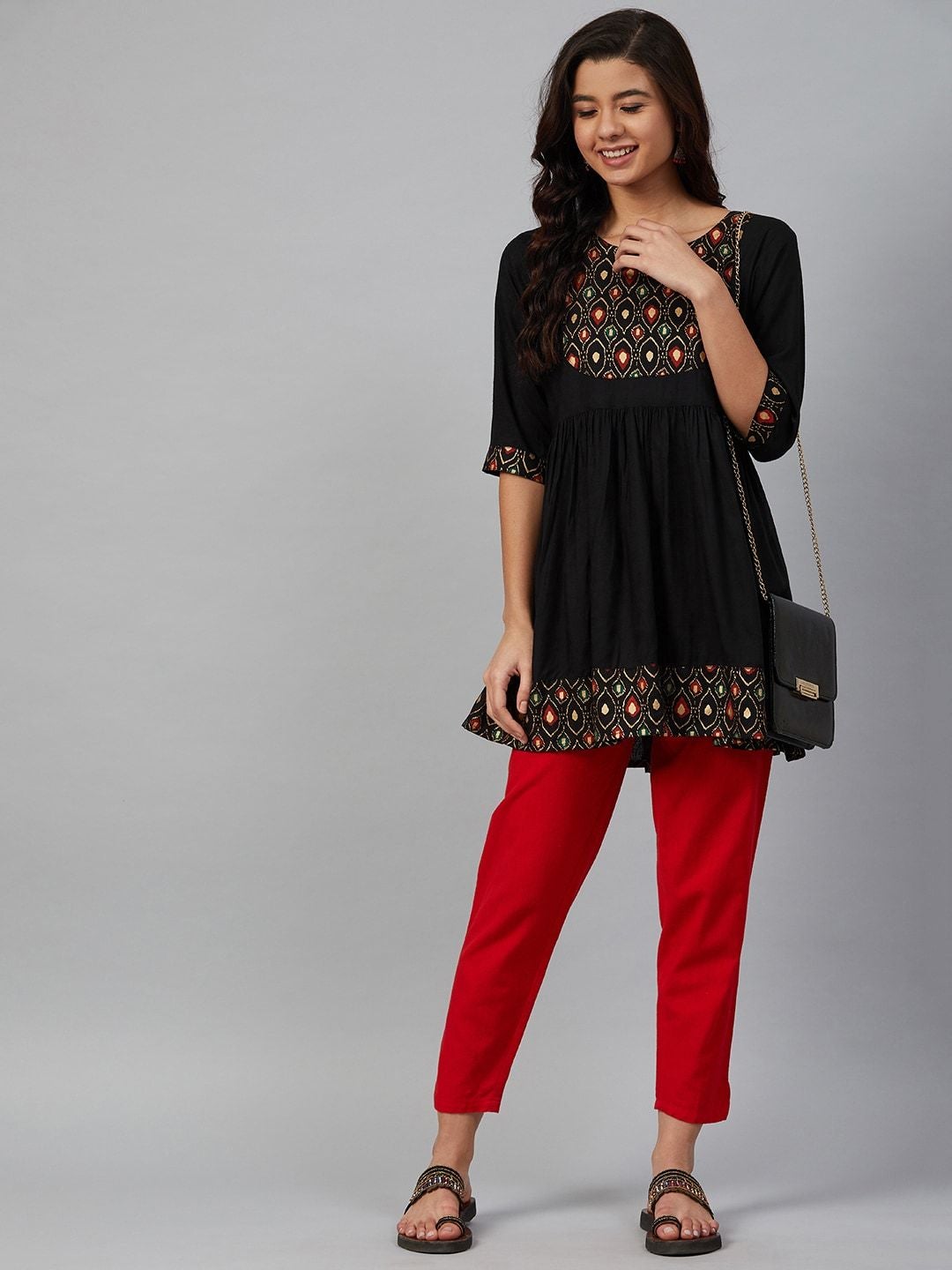 Women's Black & Golden Yoke Design A-Line Kurti