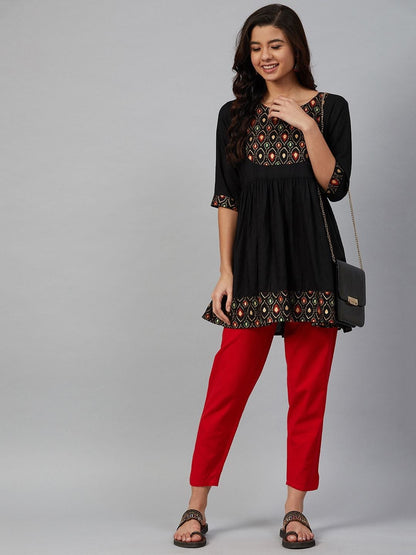Women's Black & Golden Yoke Design A-Line Kurti