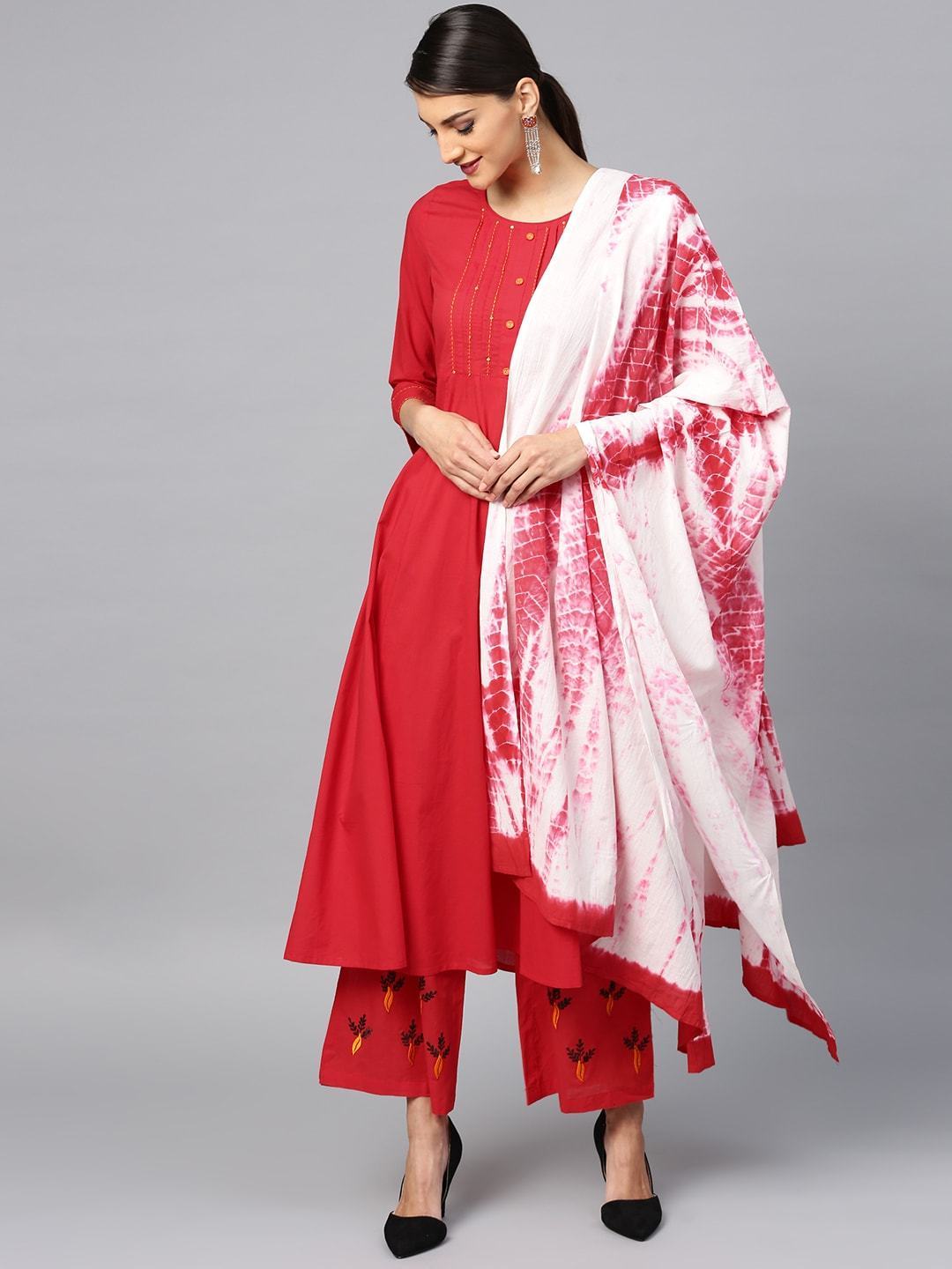 Women's  Red & White Yoke Design Kurta with Palazzos & Dupatta