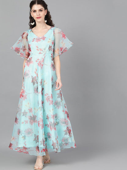 Women's  Turquoise Blue & Pink Floral Printed Maxi Dress