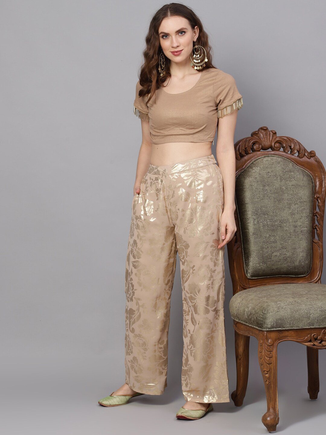 Women's  Beige & Gold-Toned Self Design Wide Leg Palazzos