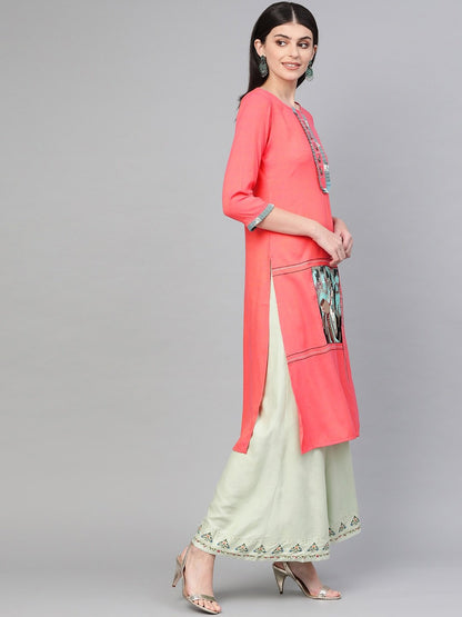 Women's Pink Quirky Embroidered Kurta