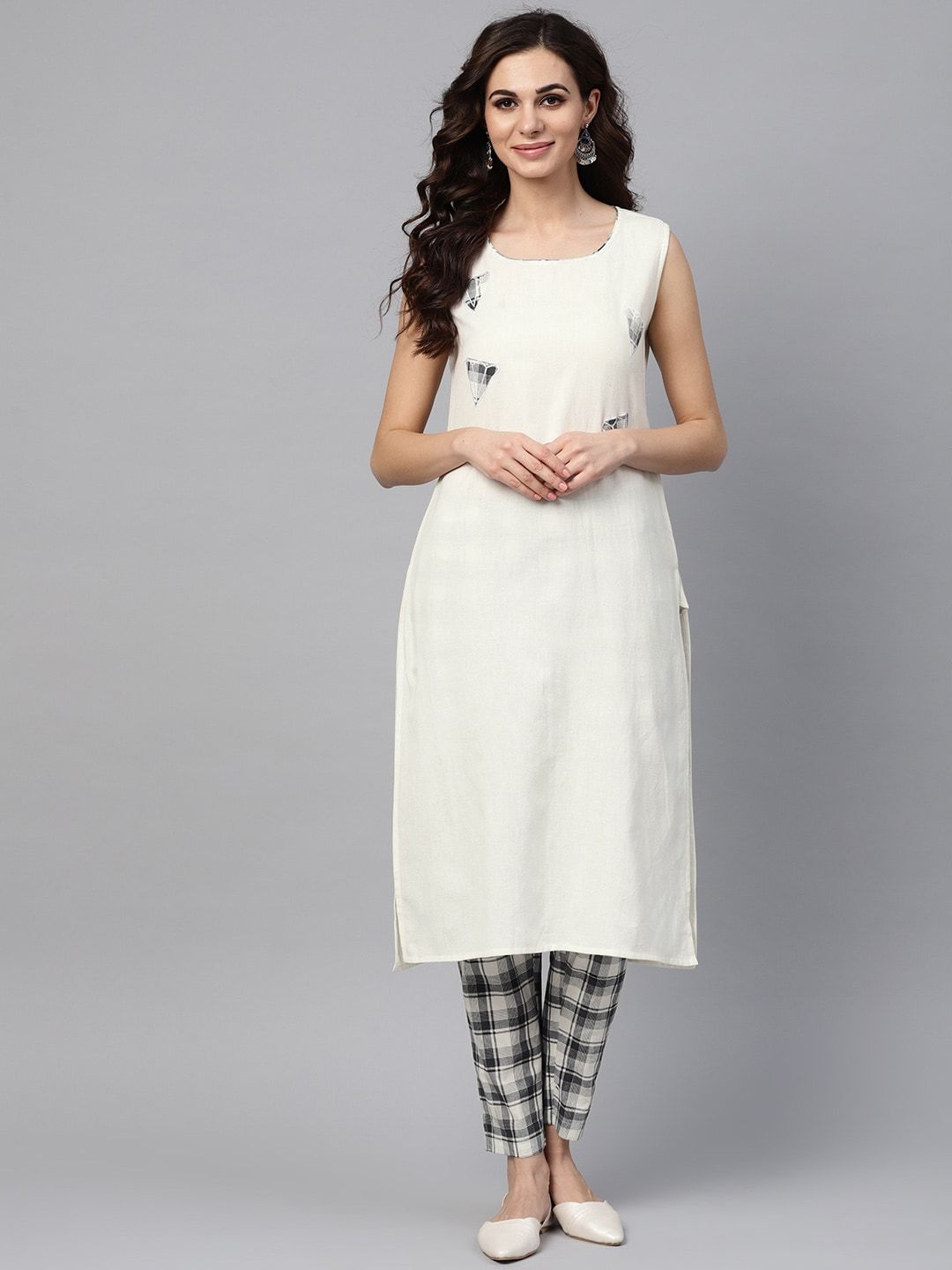 Women's  Off-White & Grey Solid Kurta with Trousers