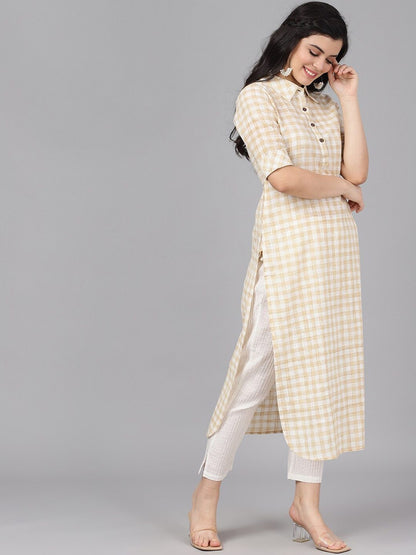 Women's  Cream-Coloured & White Checked Yarn Dyed Pathani Kurta