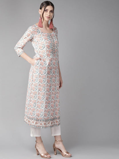 Women's  Floral Printed Straight Kurta in White & Rust Red