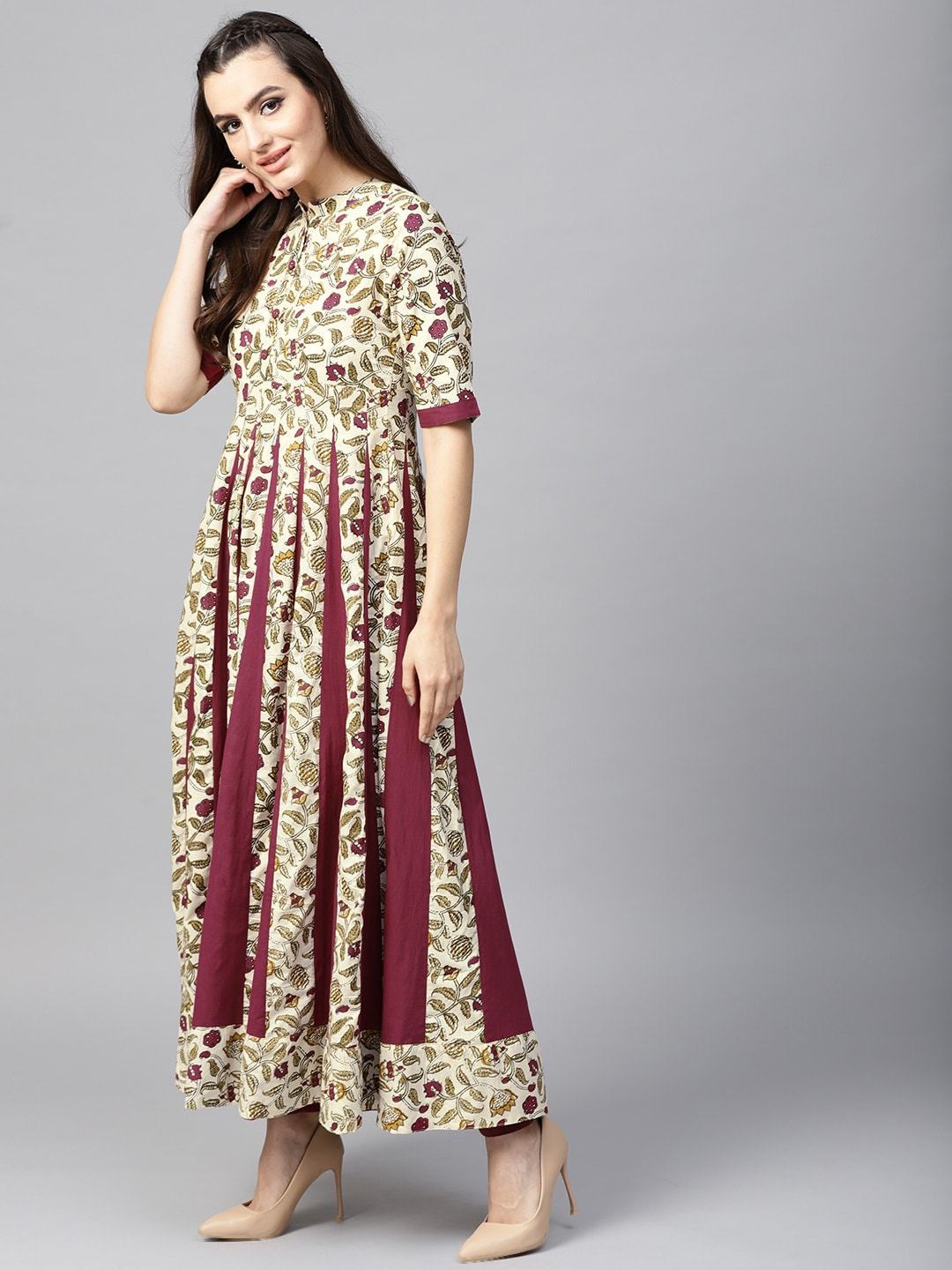Women's  Beige & Maroon Printed Anarkali Kurta