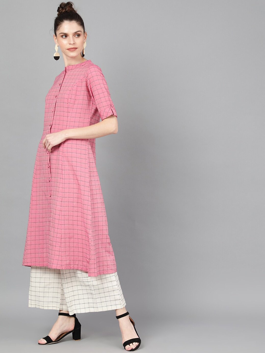 Women's  Pink Woven Design A-Line Kurta