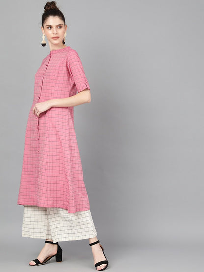 Women's  Pink Woven Design A-Line Kurta
