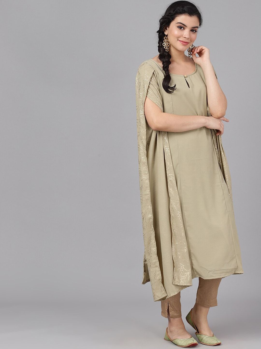 Women's  Taupe & Gold-Coloured Printed Straight Kurta