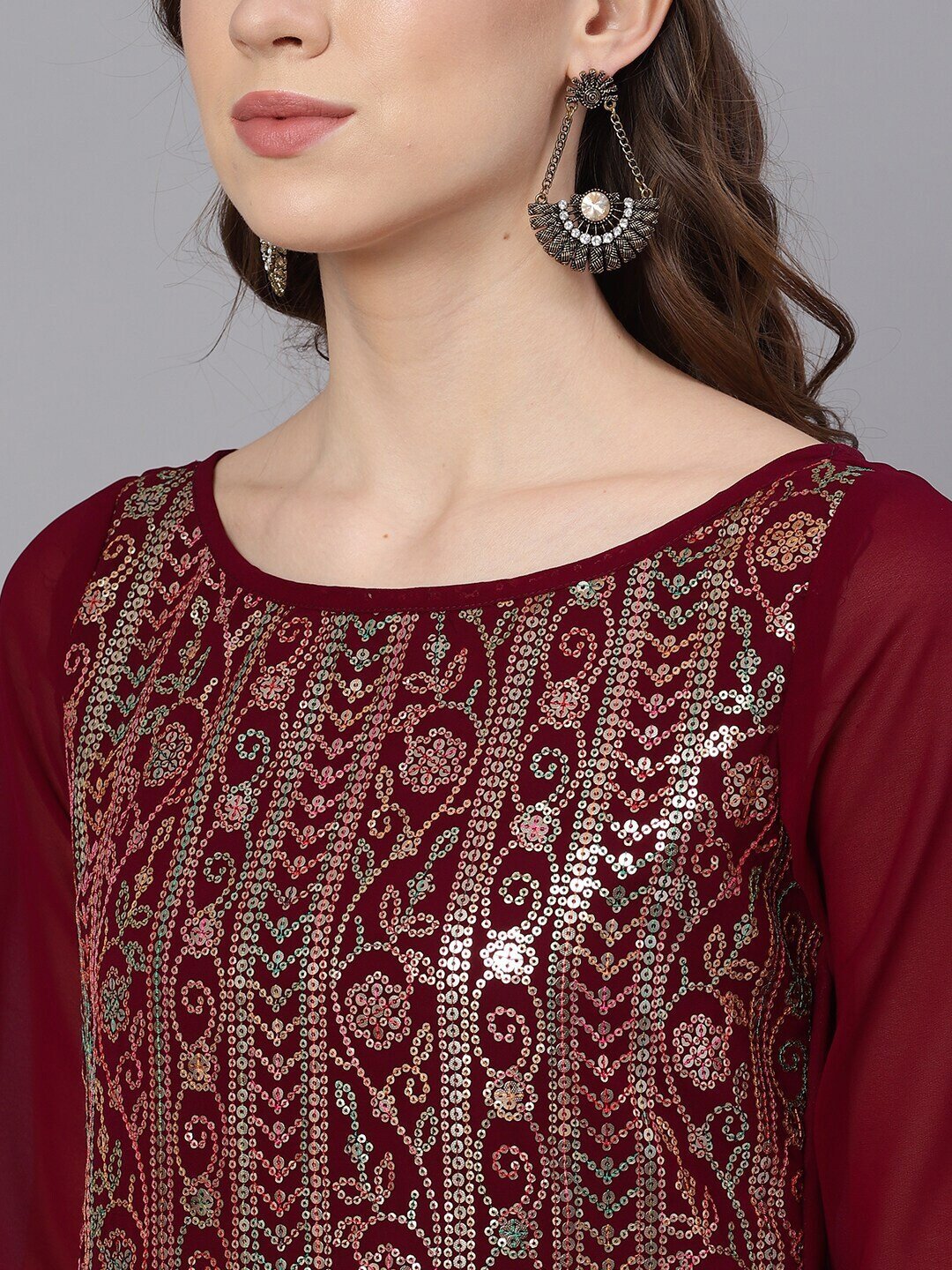 Women's  Maroon & Gold Self Design Kurta with Palazzos