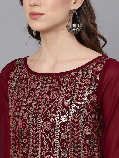 Women's  Maroon & Gold Self Design Kurta with Palazzos
