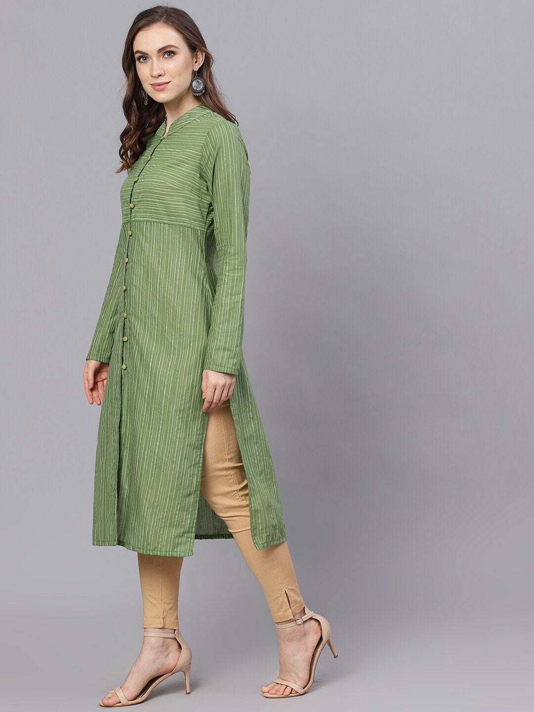 Women's  Green Striped Straight Kurta