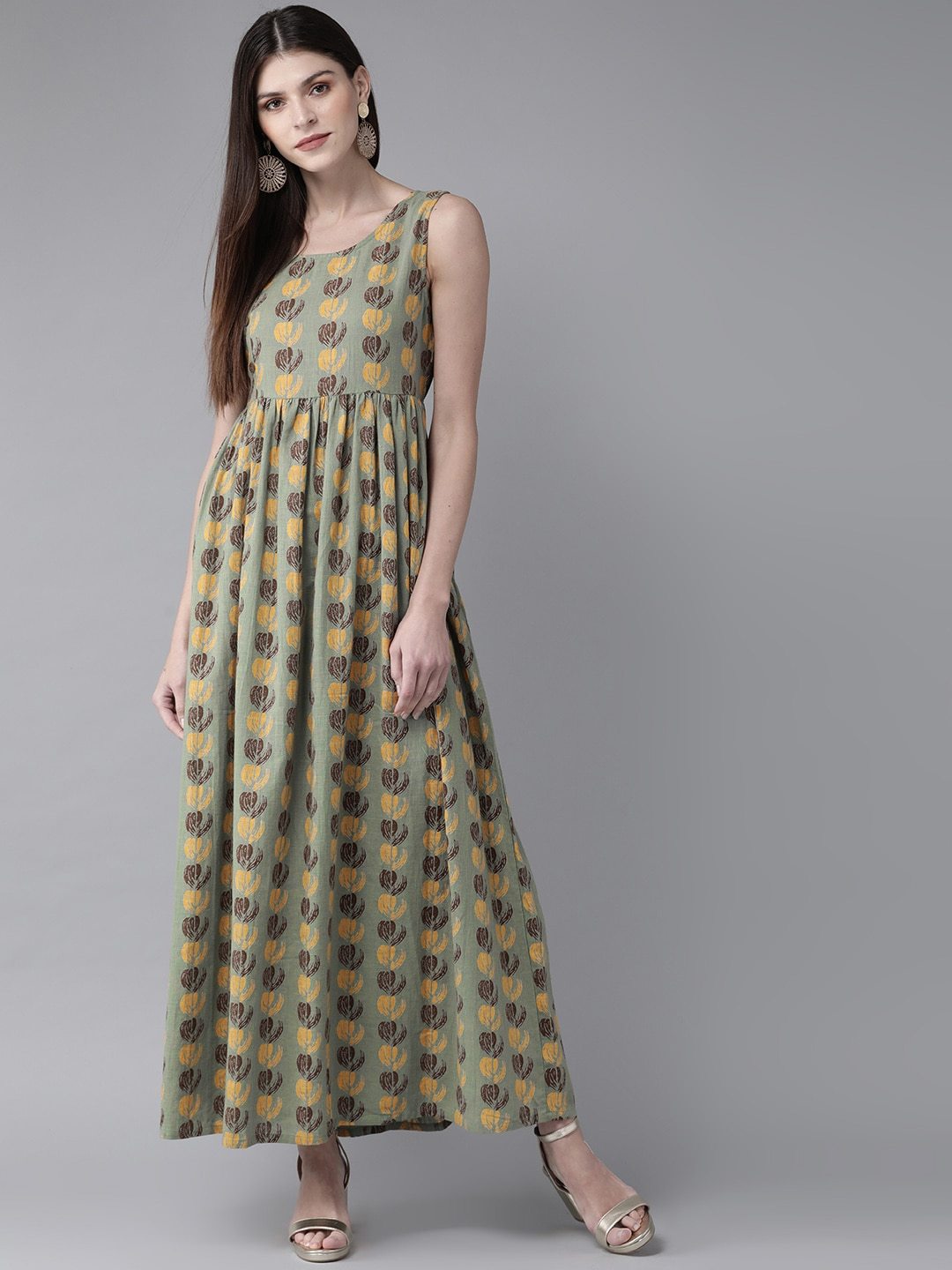 Women's  Green & Yellow Printed Maxi Dress