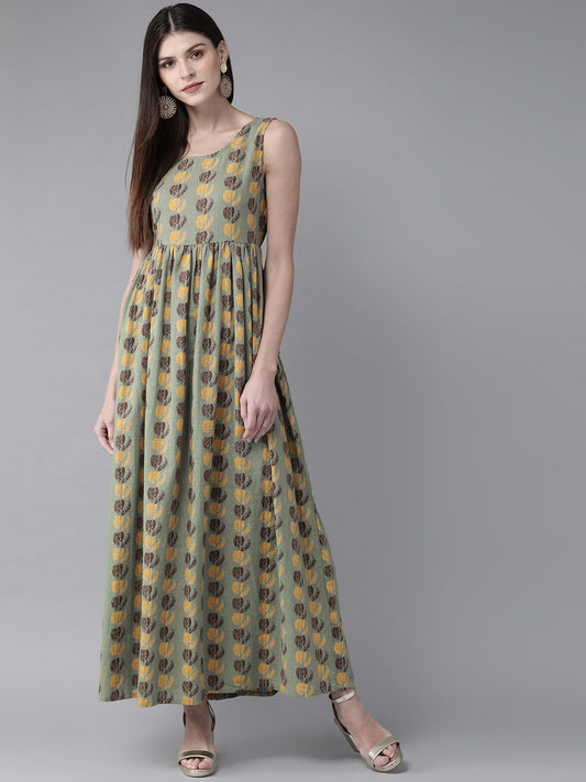 Women's  Green & Yellow Printed Maxi Dress