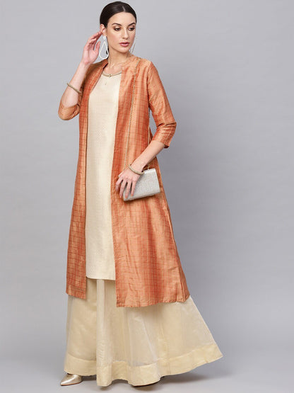Women's  Peach-Coloured & Golden Checked Open Front Longline Ethnic Jacket