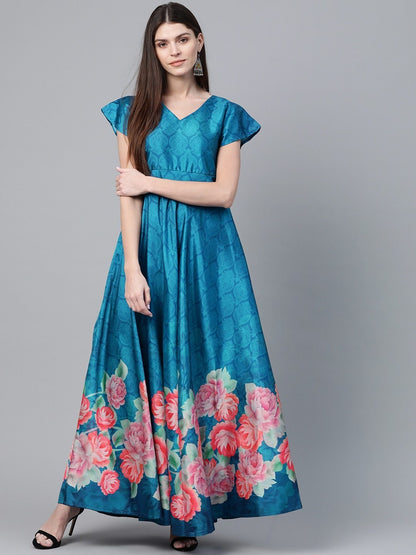 Women's  Blue & Pink Floral Digital Printed Maxi Dress