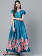 Women's  Blue & Pink Floral Digital Printed Maxi Dress
