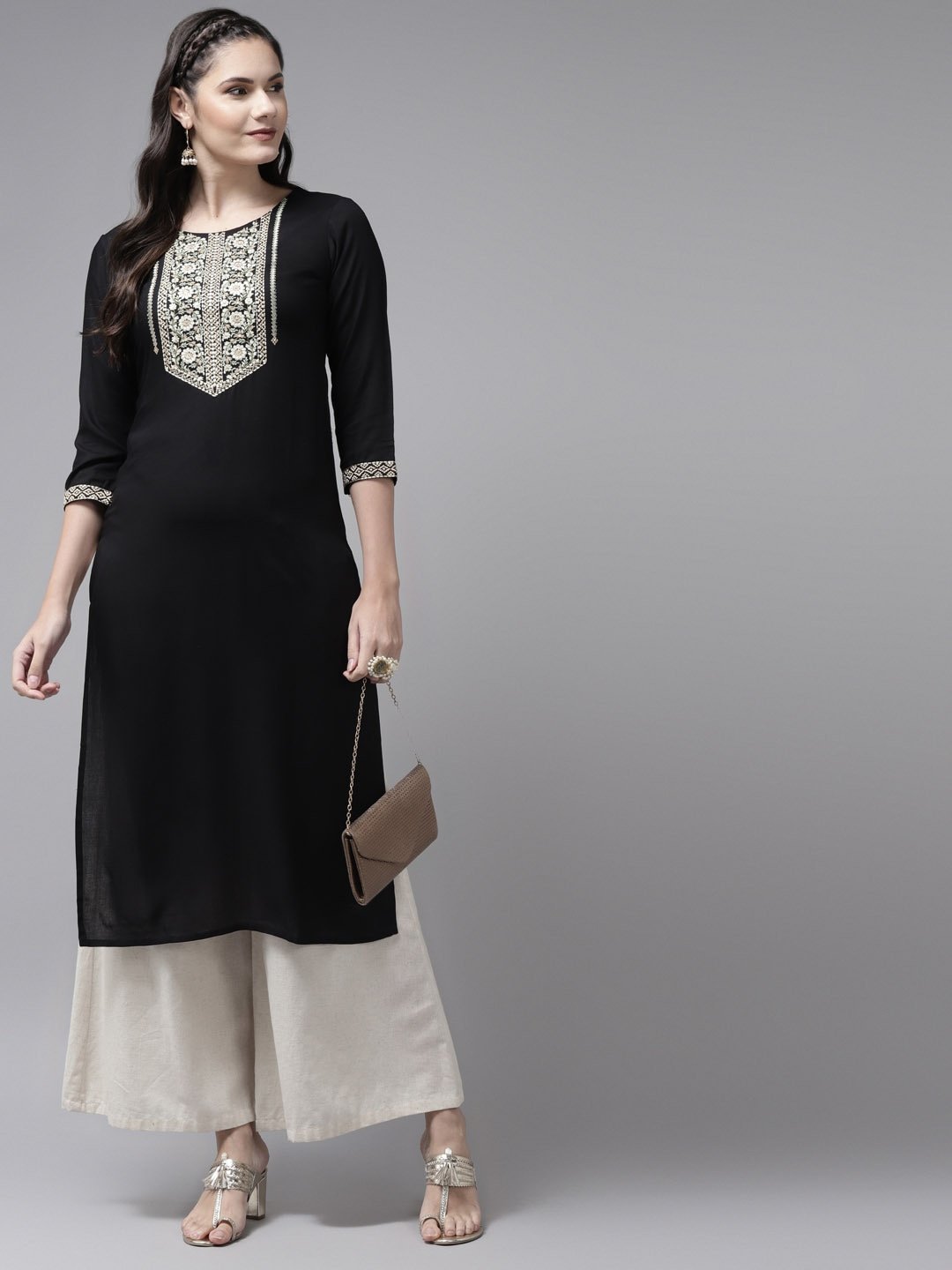 Women's Black Ethnic Motifs Yoke Design Kurta
