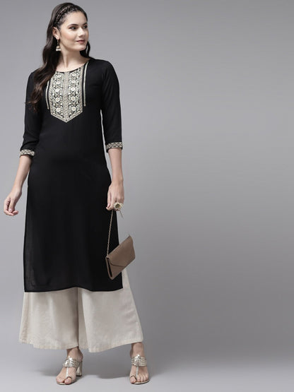 Women's Black Ethnic Motifs Yoke Design Kurta