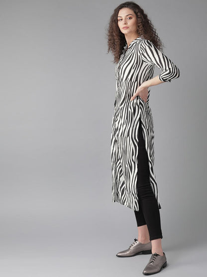Women's  White & Black Printed Straight Kurta