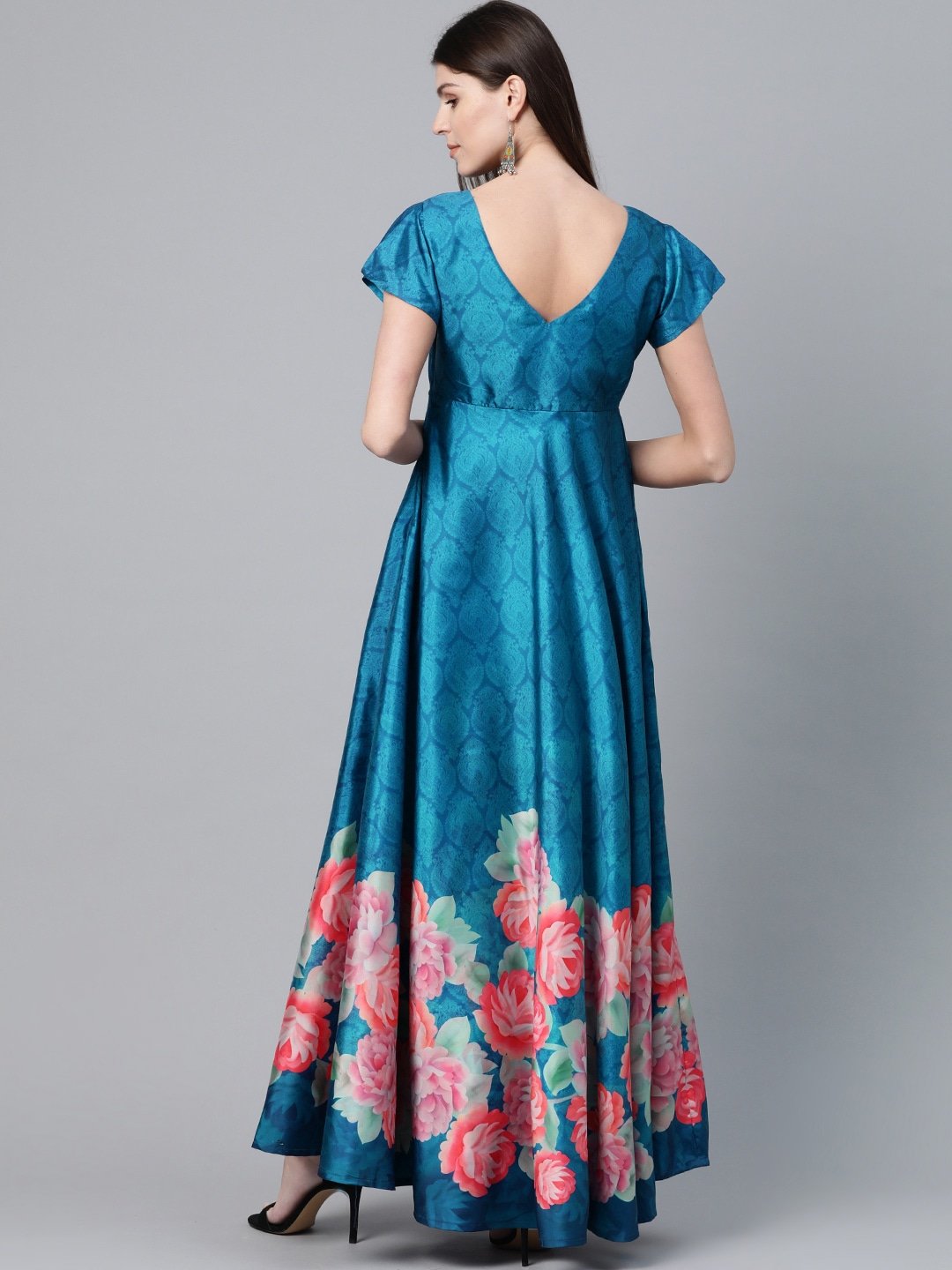 Women's  Blue & Pink Floral Digital Printed Maxi Dress