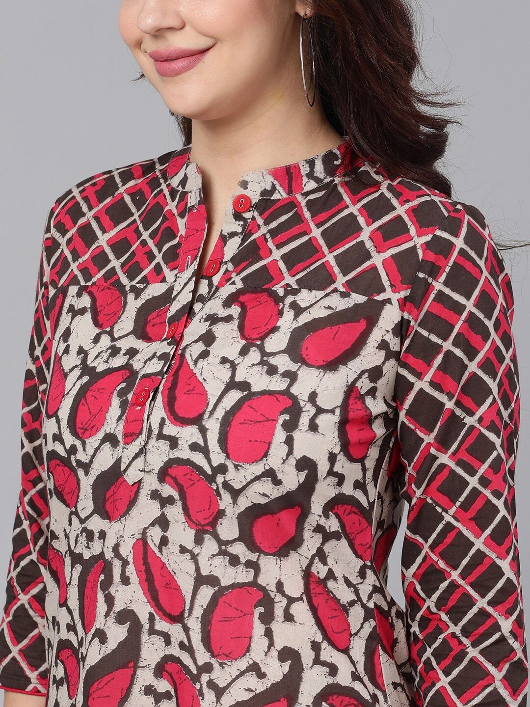 Women's  Brown & Pink Printed Straight Kurta