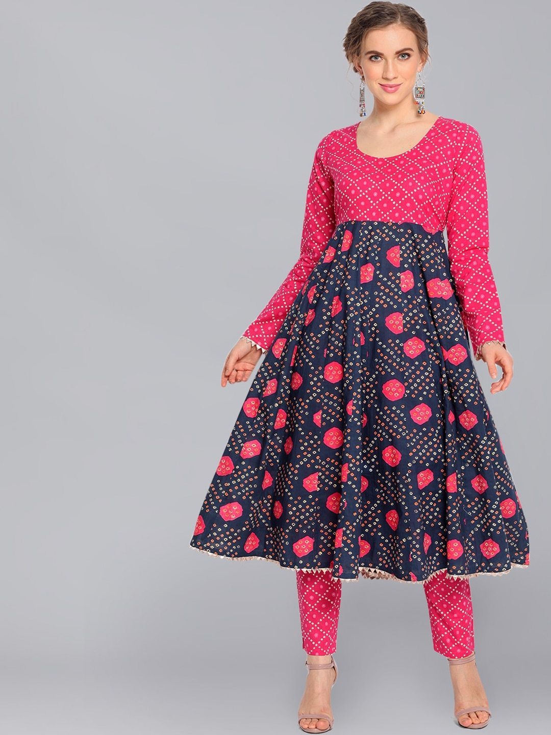 Women's  Navy Blue & Pink Bandhani Printed Anarkali Kurta