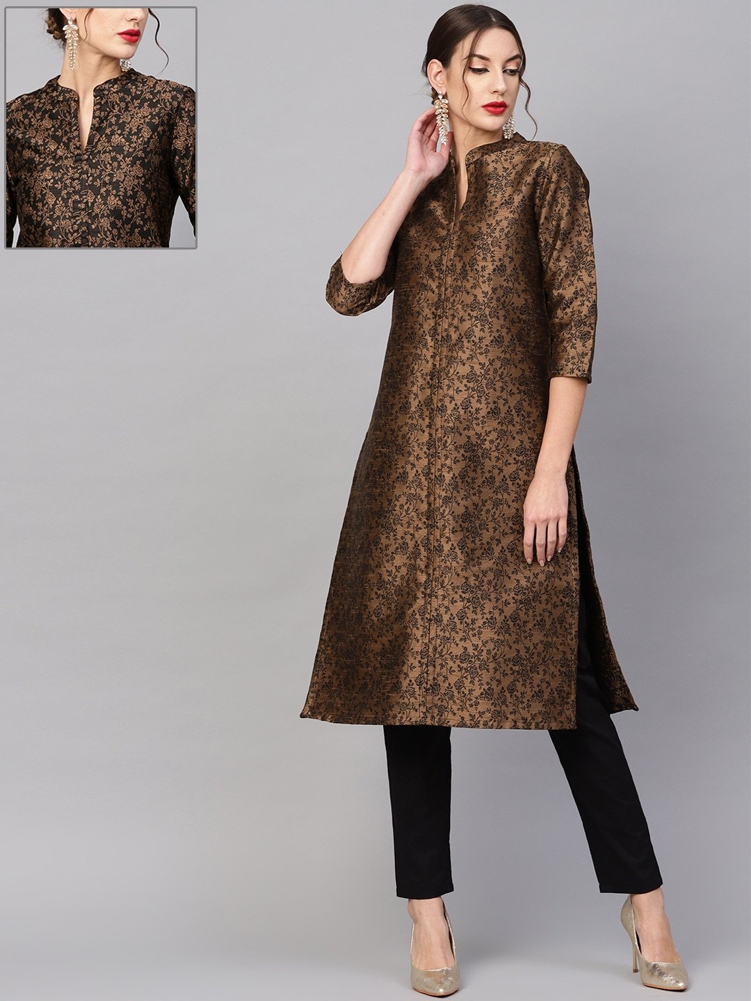 Women's  Coffee Brown & Black Woven Design Reversible Straight Kurta